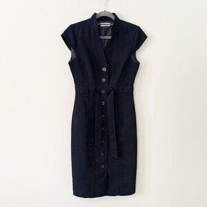Calvin Klein dark navy blue cap sleeve fitted button front belted shift dress